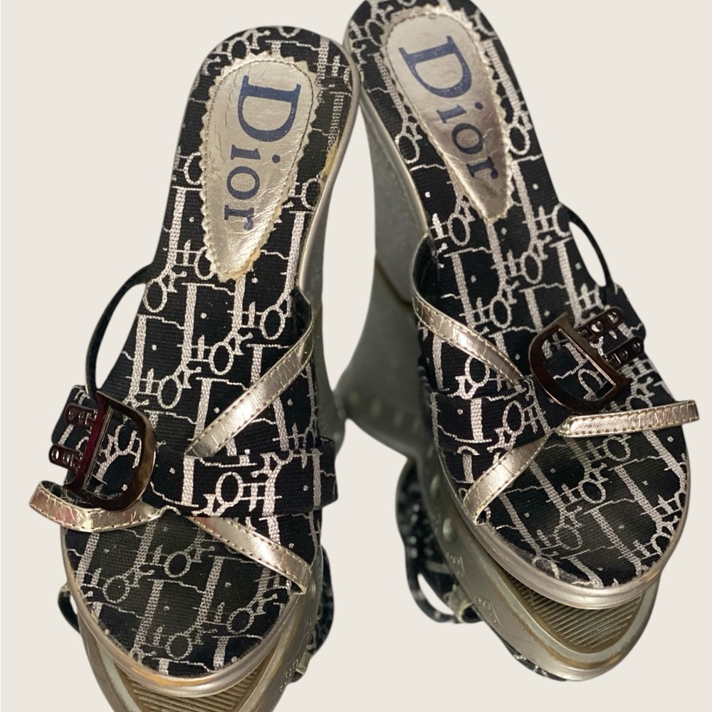 SOLD Silver Wedge Monogram Heels - 3.5” Metallic Platform Shoes